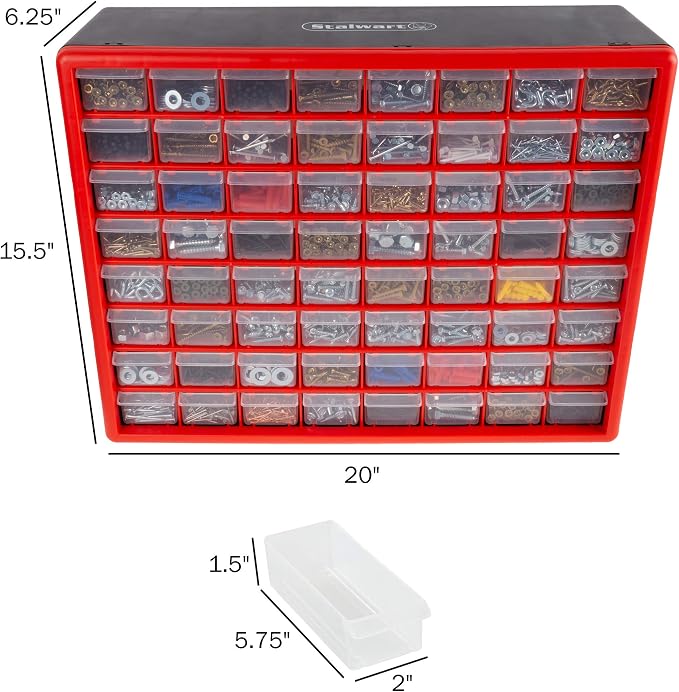 64-Drawer Storage Organizer - Plastic Drawers for Organization - Desktop or Wall-Mounted Container for Hardware, Tools, and Beads by Stalwart (Red)