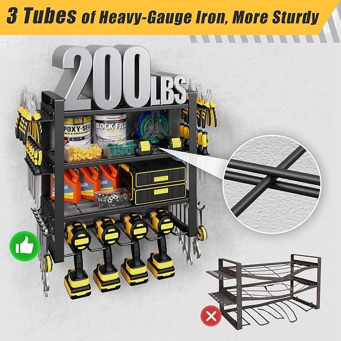 4-Tier Power Tool Organizer Wall Mount, 200LBS Capacity, 4 Drill Holders | 3-Tube Reinforced Design, Holds 50+ Tools, Cordless Tool Organizer, Rust Resistant, Quick Assembly, Garage Gift for Men
