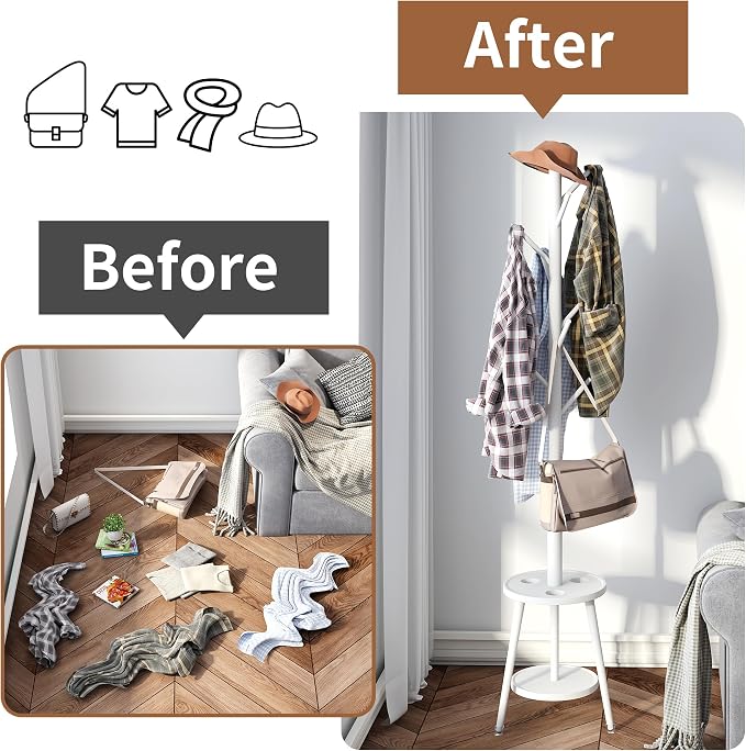 Freestanding Coat Rack with Umbrella Organizer Tray Bamboo Coat Tree Rack with 8 Hook Stand for Clothes Bag Hats Entryway Hanger Stand (Umbrella Tray, White)