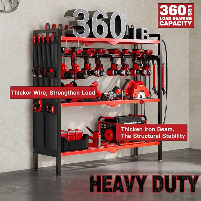NattyDot Power Tool Organizer Cart with Charging Station, 8 Drills, Red | Freestanding Power Tool Cart Holds 8 Drills; Charging Station Powers Batteries while Sturdy Shelves Organize Garage Gear