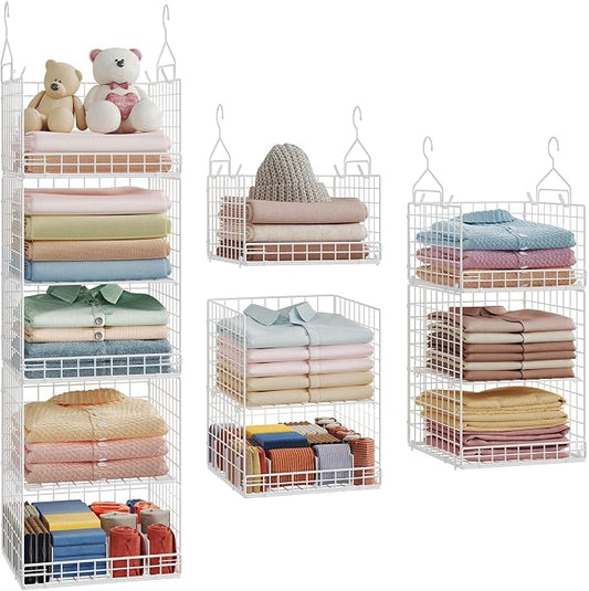 Yuyetuyo ﻿5 Tier Hanging Closet Organizer Separable Hanging Closet Shelves with 4 Hooks 2 Adjustable Dividers, Wire Storage Basket Bins for Clothing Sweaters Socks Dolls Handbags, Foldable