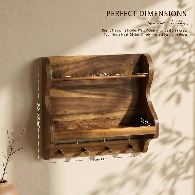 Acacia Wood Mail Organizer Wall Mount with 7 key Hooks Home Decor, Brown | Decorative Mail Holder for Wall, Key Hanger for Sunglasses and Wallets, Rustic Magazine Holder for Paper Storage, Living Room