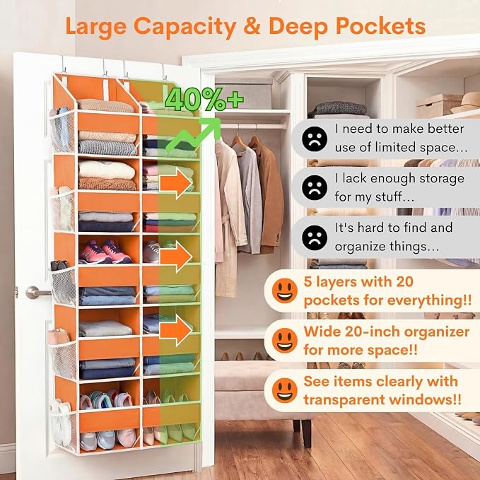 Over The Door Organizer 5 Tiers, Extra Large Behind Door Storage of 10 Compartments, 80 lbs Weight Capacity Hanging Storage Organizer with Clear Window Kids Toys,Shoes,Diapers,Room Storage,Orange
