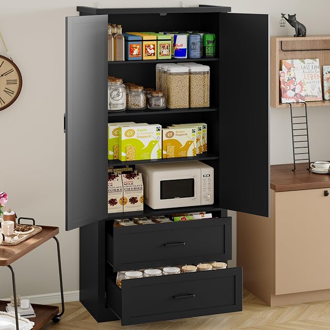 BORNOON Pantry Organizers and Storage Cabinet, 71” Barn Door White Kitchen Cabinet with Drawers and Adjustable Shelf, Tall Pantry for Kitchen, Dining Room, Living Room. Bathroom and Office
