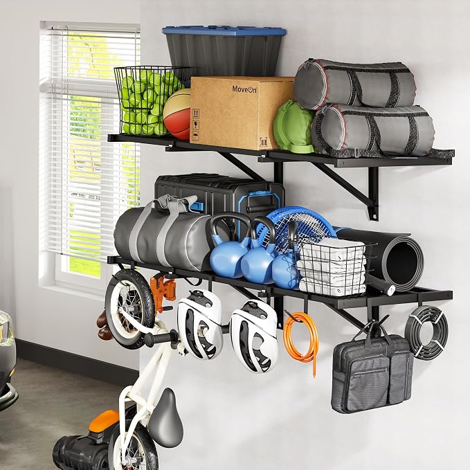 FLEXIMOUNTS 2-Pack 2x4ft Garage Wall Shelving, 8 Hooks, Heavy Duty, Black | Heavy Duty Garage Shelving Wall Mounted, 400lbs Capacity, Storage for Power Tools, Garden Supplies, Storage Bins, Lite Series