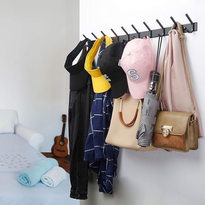 WEBI Coat Rack Wall Mounted,8 Coat Hooks for Hanging Coats,24" Heavy Duty Metal Double Hook Rack Rail Coat Hanger Wall Mount for Clothes Entryway Jacket,Black