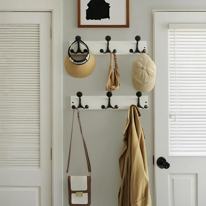 WEBI Coat Rack Wall Mount,17" Solid Wood Coat Hooks Wall Mounted Coat Hanger,16" Hole to Hole,Heavy Duty Hook Rack Rail,3 Triple Hooks for Hanging Coats,Jacket,Clothes,Hat,Backpack,White,2 Packs