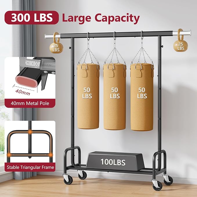 Clothes Rack with Shelf, Adjustable Heavy Duty Load 300 LBS, Black | Rolling Clothing Rack with Extendable Rod, Commercial Portable Garment Rack with Wheels for Bedroom, Laundry Room