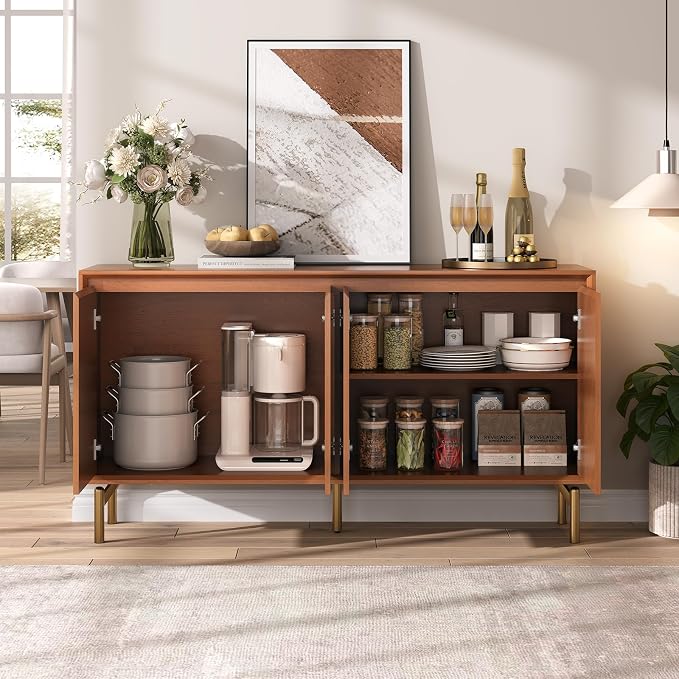 JOINICE 59" Sideboard Buffet Cabinet with Storage for Dining Room,Walnut | Adjustable Shelf,Versatile Credenza for Dining Room,Metal Legs, Living, Kitchen Coffee Bar and Entryway Console