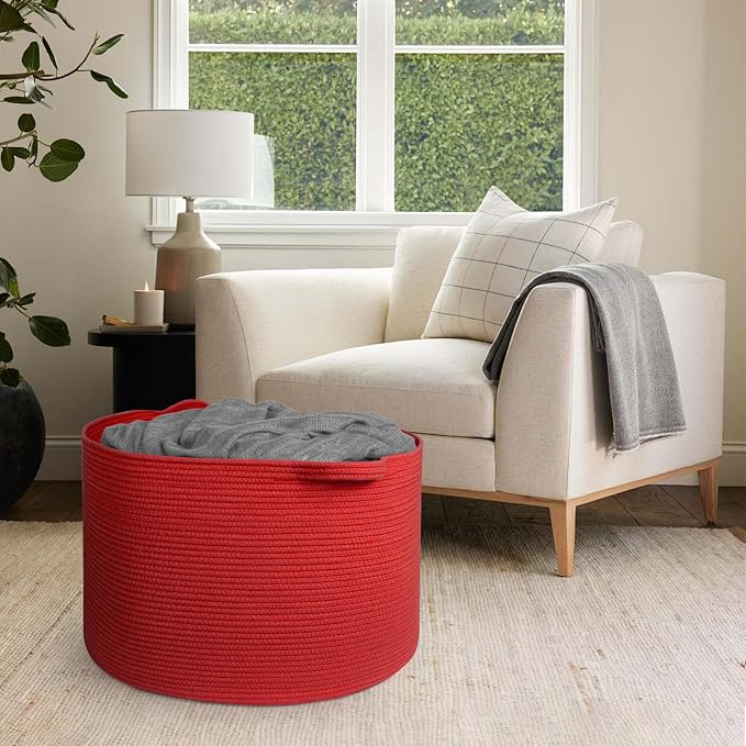 115L Extra Large Red Basket for Organizing, 23.6"x15.7" Jumbo Woven Cotton Rope Bins for Blankets, Baby Nursery Laundry Basket, Kids Dog Toy Storage Box, Huge Red Living Room Decor Organizer