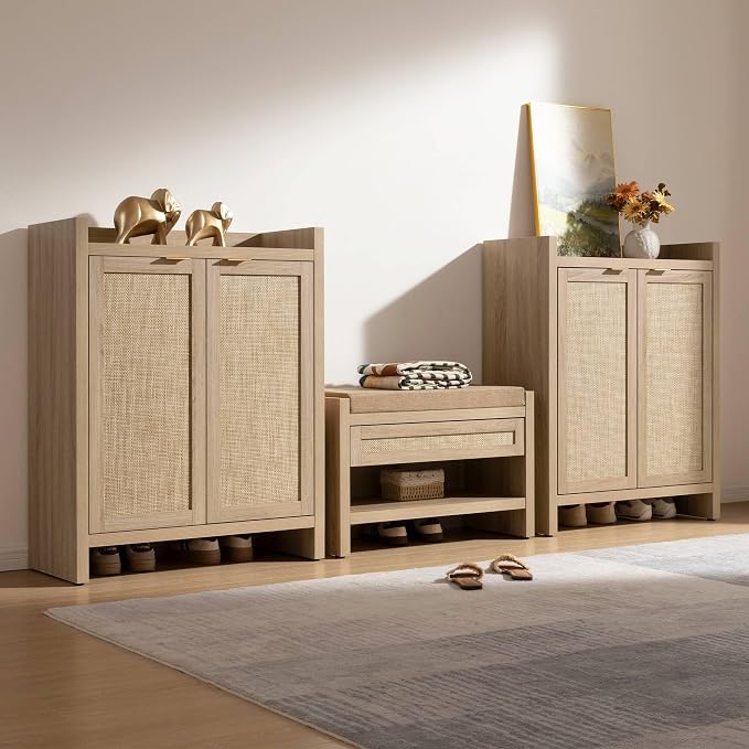 SICOTAS Shoe Cabinet Set of 3 Large Capacity Shoe Storage Organizer Cabinet | Tall Rattan Shoe Cabinet with Doors and Shelves, 6-Tier Farmhouse Boho Wooden Storage Cabinet for Entryway, Light Oak
