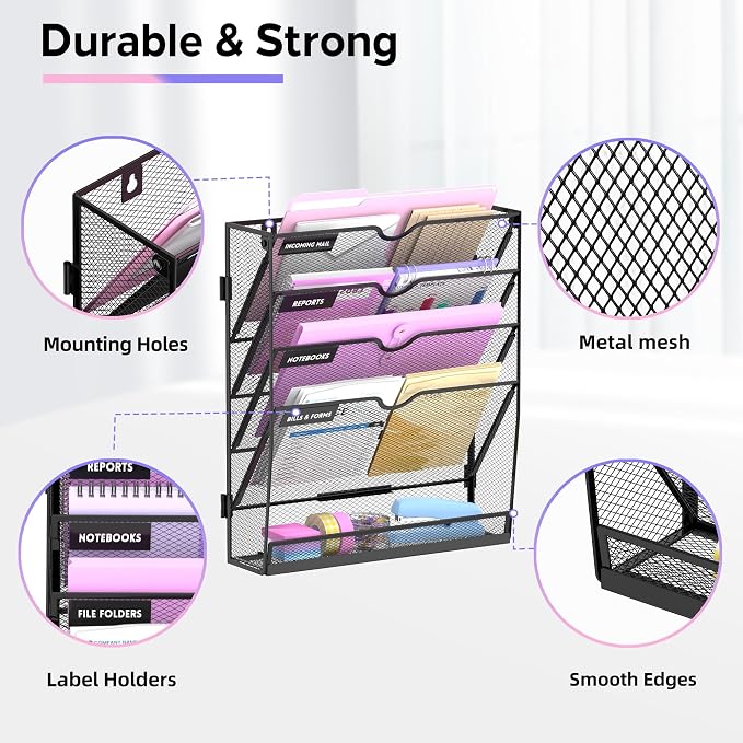 5-Tier Wall File Organizer with Base, Wall Mounted File Holder | Vertical Hanging File Organizer with Open Compartments and Label Holders for Mail, Folders and Paperwork at Home or Work