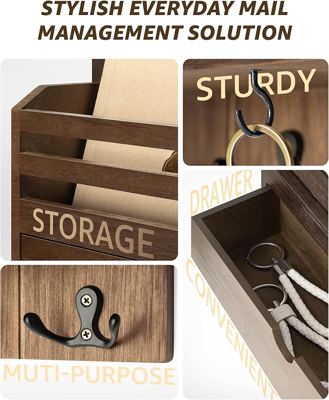Rebee Vision Mail Organizer Wall Mount with Hooks for Entryway, Retro Brown | Key and Mail Holder for Wall, Storage Drawer, 7 Key Hooks, Mail Organizer, Rustic Home Decor, Office and Garage Organization