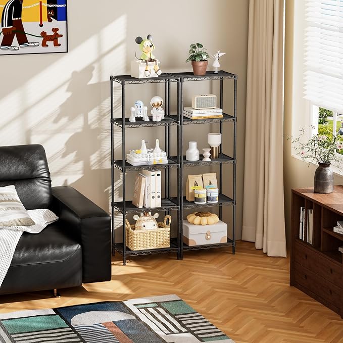 SINGAYE Metal Shelves Wire Shelving Storage Standing Adjustable Shelf Unit | 5 Tier Mesh Units Shelf for Kitchen Laundry Bathroom Closet Organizers Pantry Narrow Home Rack 10" D x 16" W x 55" H Black