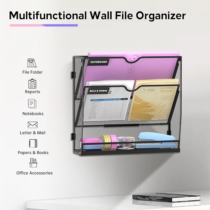 3-Tier Wall File Organizer with Base, Wall Mounted File Holder | Vertical Hanging File Organizer with Open Compartments and Label Holders for Mail, Folders and Paperwork at Home or Work