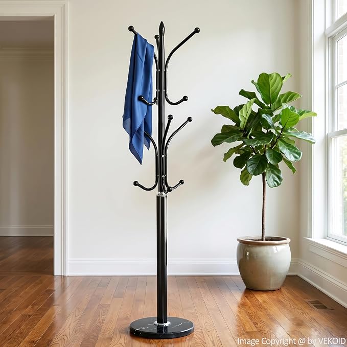 12 Hooks Metal Coat Rack Freestanding Coat Tree with Marble Base, Heavy Duty Coat Rack Stand for Clothes Hats Bags, Coat Hanger Stand for Corner Entryway Bedroom Office (Black)