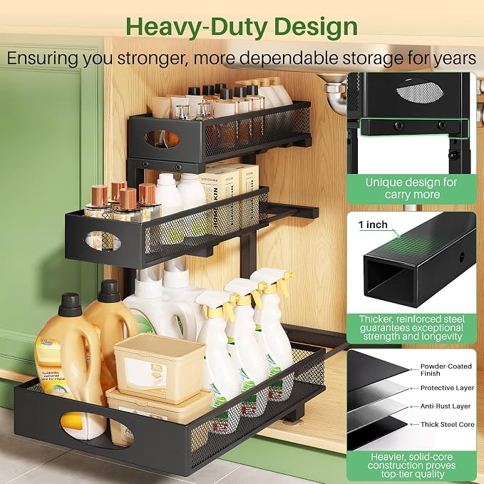 Kitstorack Under Sink Organizer 3-Tier Slide Out Drawer 1-Pack Black | Height Adjustable, Metal Mesh Storage Rack, Pull out Cabinet Organizer Shelf for Bathroom Kitchen Pantry Home Organization