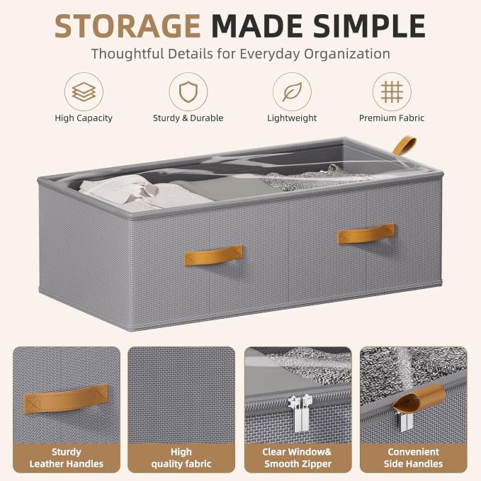 4 Pack Under Bed Storage Bins,10 Inch Tall, Light Gray, 31.5x15.8x10 inch | Underbed Clothes Storage Containers, Clear Window, For Closet, Bed Sheets and Blankets