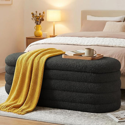 Storage Ottoman Bench, 45'' Upholstered Boucle Ottoman with Storage, Aesthetic End of Bed Bench for Bedroom Living Room Entryway, Black