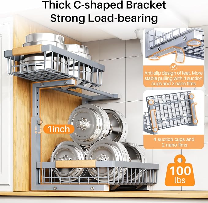 PXRACK Under Sink Organizer, Adjustable Height, 2 Tier Pull Out Under Cabinet Organizer, Slide Out Thickened Metal Under Sink Storage for Kitchen Bathroom Laundry Pantry Cabinet, Grey, Large-2-Pack