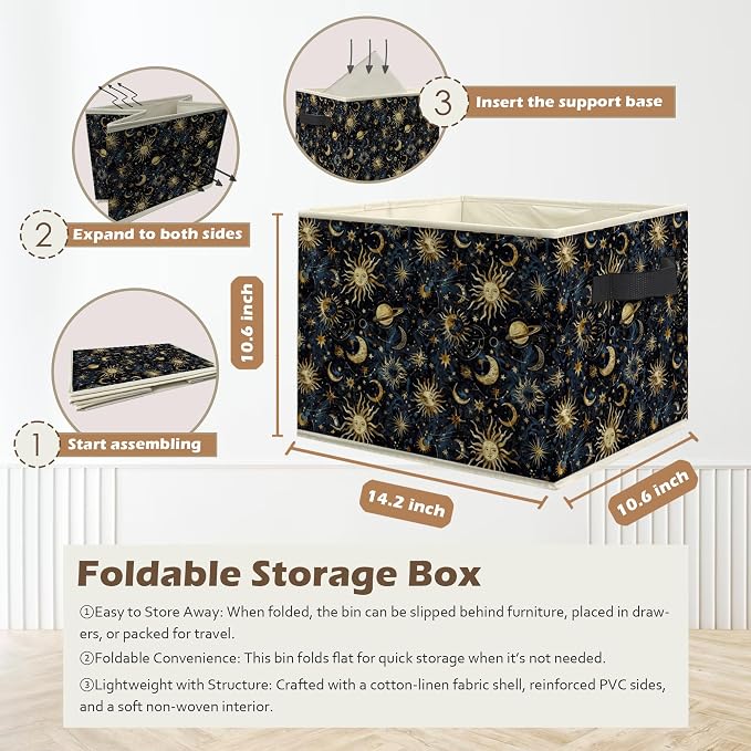 Boho Witchy Sun and Moon Storage Box Bins, Mystical Celestial Space Galaxy Collapsible Storage Basket Organizer for Bedroom Laundry Room Kids Room Clothes Books, Decor for Room