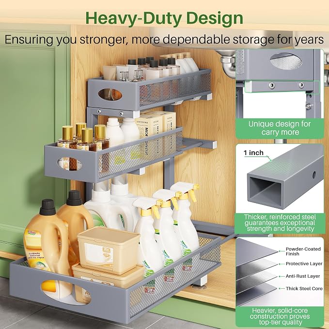 Kitstorack Under Sink Organizer 3-Tier Slide Out Drawer 1-Pack Grey | Height Adjustable, Metal Mesh Storage Rack, Pull out Cabinet Organizer Shelf for Bathroom Kitchen Pantry Home Organization