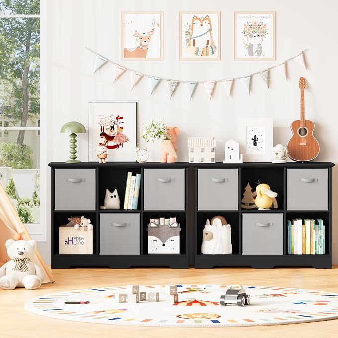 6 Cube Storage Organizer Shelf, Wood Cubby Storage with 3 Fabric Drawers | 2 Tier Wooden Bookshelf with 2 Adjustable Shelves, Fluted Side Panels Bookcase for Bedroom, Living Room, Home Office, Black