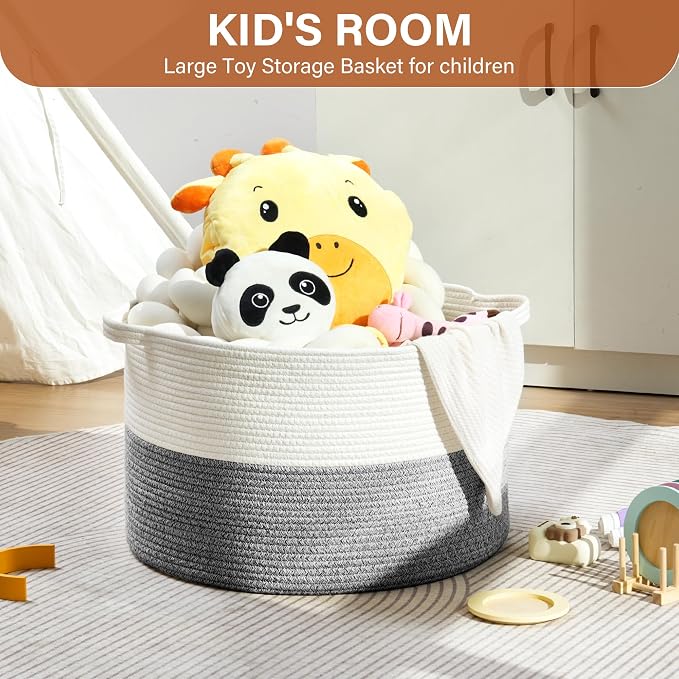 Foldable Laundry Hamper Basket with Collapsible Handle Cotton Rope Soft Woven Fabric Storage Organizer Clothes Toys Nursery Bedroom Dorm Space Saving Bin (White & Light Grey, 65L(19.7"D x 12.6"H))