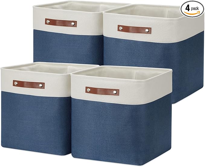 DULLEMELO Storage Baskets for Shelves Closet Storage,Large Home Organization Bins for Gifts Empty,Foldable Fabric Storage Cubes Baskets for Nursery Toy Towels Clothes Storage(White&Blue)