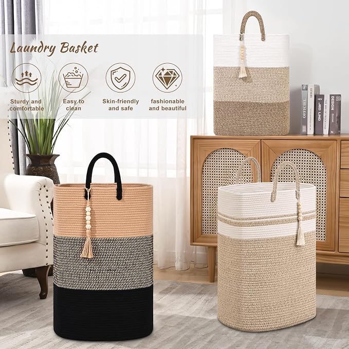 Woven Laundry Basket for Clothes, 50 L Large Rectangle Laundry Hampers with Beads Tassel, Nursery Storage Basket for Toys, Tall Dirty Clothes Hamper for Bedroom Aesthetic, Laundry Room Organization