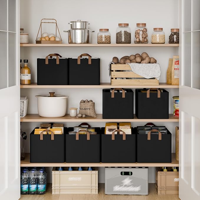 StorageWorks Storage Bins, Fabric Storage Bins for Shelves, Large Storage Baskets with Metal Frame, Closet Baskets and Bins with Handles, Black, 2-Pack