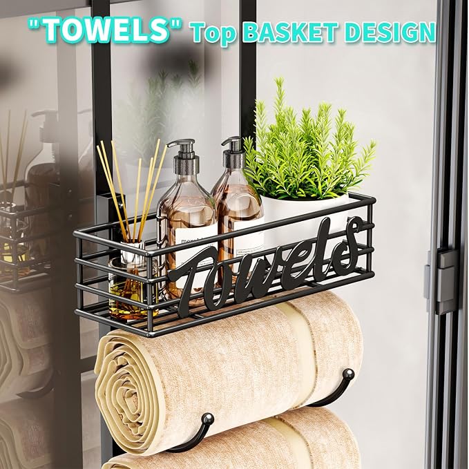 HapiRm Towel Racks for Bathroom Storage - 3 Tier Over The Door & Wall Mount Rolled Towel Storage Organizer Holder with Metal Shelf Basket for Small Bathroom, Camper, Rv - Black, Patented