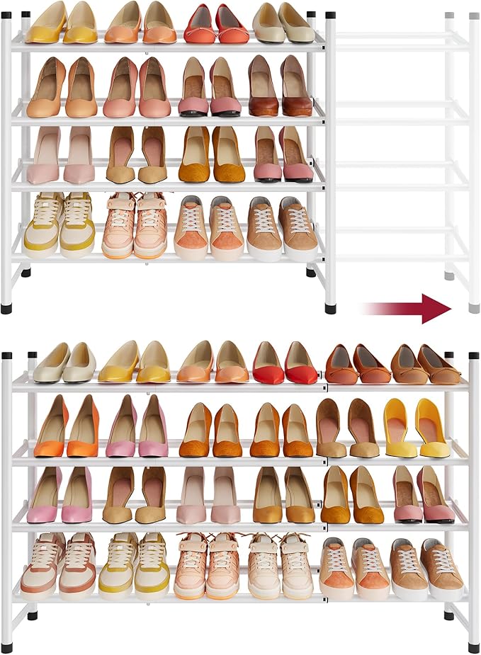 Expandable Shoe Rack for Closet 4 Tier, 29“-41“Adjustable & Stackable Shoe Shelf Storage, Metal Shoe Rack Organizer for Front Door Entrance, Closet, Garage, Entryway, White | Adjustable Shoe Organizer Closet Shoe Rack Floor, Metal Shoe Shelf Storage fo...