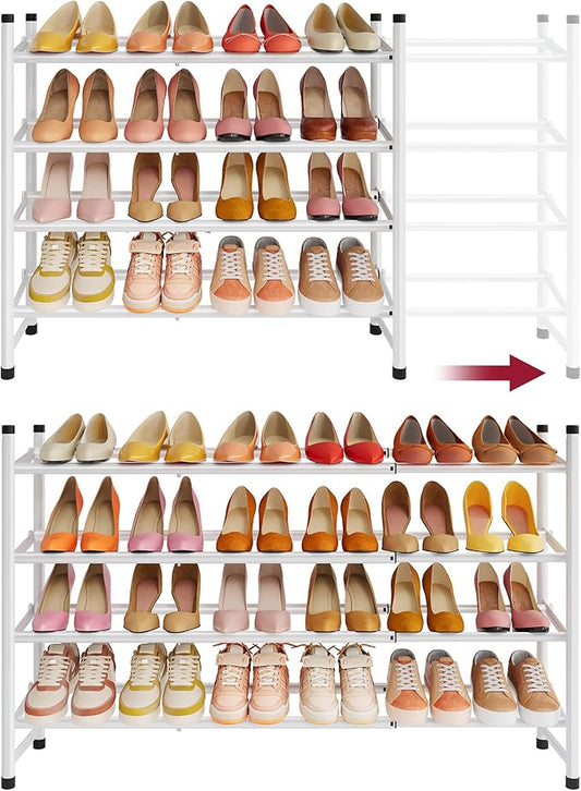 Expandable Shoe Rack for Closet 4 Tier, 29“-41“Adjustable & Stackable Shoe Shelf Storage, Metal Shoe Rack Organizer for Front Door Entrance, Closet, Garage, Entryway, White | Adjustable Shoe Organizer Closet Shoe Rack Floor, Metal Shoe Shelf Storage fo...