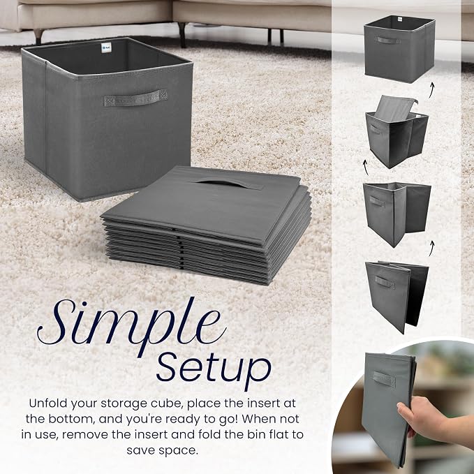 Reli. Storage Cubes (4 Pack) | Dark Gray Fabric Cube Bins 11"x11" | Collapsible Organizer | Reinforced Handles | Space-Saving Foldable Design | Children's Toys, Clothes, Craft Supplies, Linens