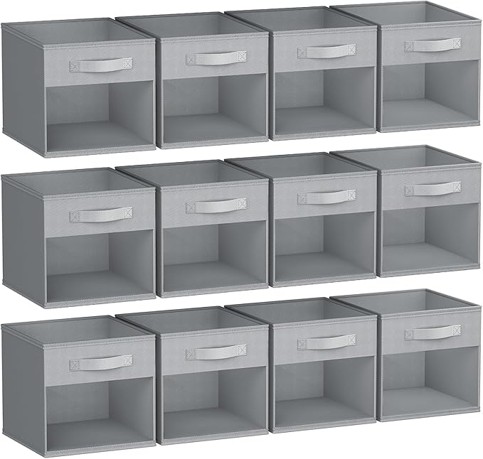 DIMJ Storage Cubes, Cube Oganizer Bin, 12 Pack Foldable Containers with Window, Closet Storage Bins with Handle, 12x 12 inch Storage Boxs for Clothes, Toys, Books (Grey)