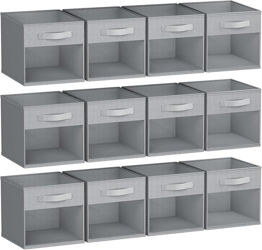 DIMJ Storage Cubes, Cube Oganizer Bin, 12 Pack Foldable Containers with Window, Closet Storage Bins with Handle, 12x 12 inch Storage Boxs for Clothes, Toys, Books (Grey)