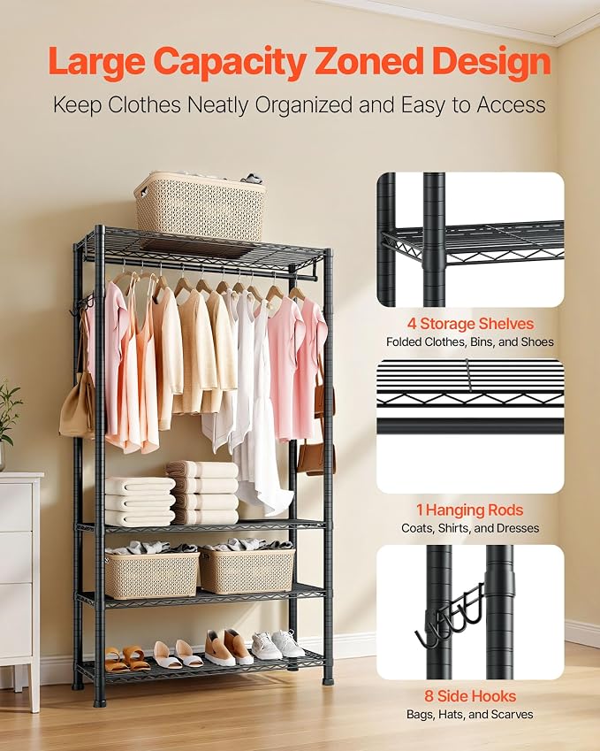 VEVOR Clothing Garment Rack, Heavy Duty Closet Wardrobe, Adjustable Tiers Clothes Racks with Steel Frame, for Bedroom, Clothing Store, Hallway