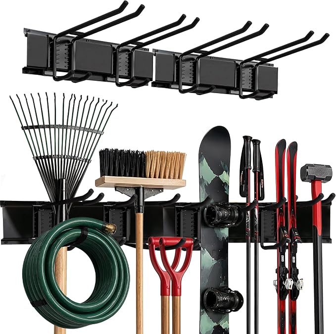 TIDYME Garage Wall Organizer, Shovel Holder Wall Mount, 32" Double Hooks | 200 lbs, adjustable double-layer tool hangers for garage wall, holds ladders, shovels, rakes, hoses & power tools