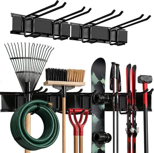 TIDYME Garage Wall Organizer, Shovel Holder Wall Mount, 32" Double Hooks | 200 lbs, adjustable double-layer tool hangers for garage wall, holds ladders, shovels, rakes, hoses & power tools