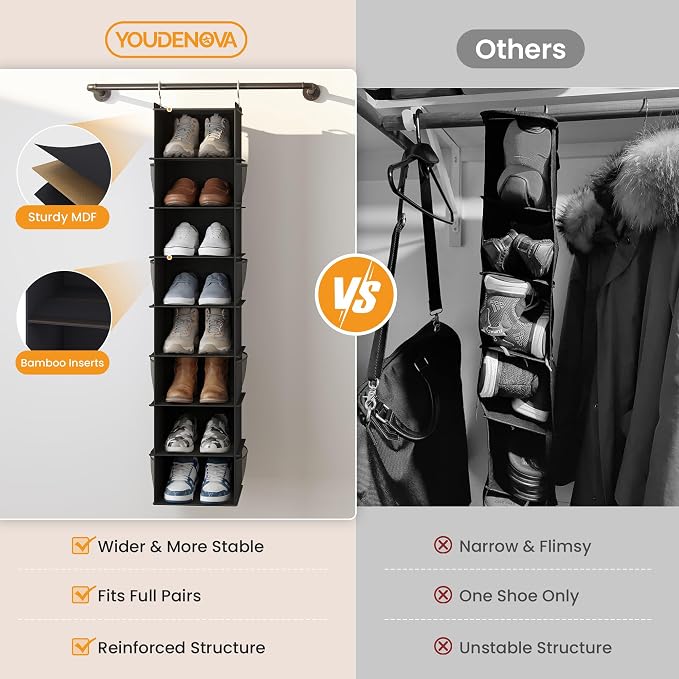 YOUDENOVA Upgraded Hanging Shoe Organizer for Closet, 8-Shelf, Black | Extra Wide Design, 8 Side Pockets, Hanging Shoe Rack Hanger, Dorm Storage, Perfect for Storing Shoes, Hats, Clothes, Jeans