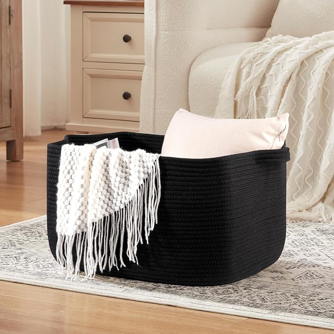 OIASKET Large Blanket Basket, Black Blanket Storage Living Room, Rectangle Woven Baskets for Storage Toys, Towels, Dirty Clothes Organizer Bins (Black)