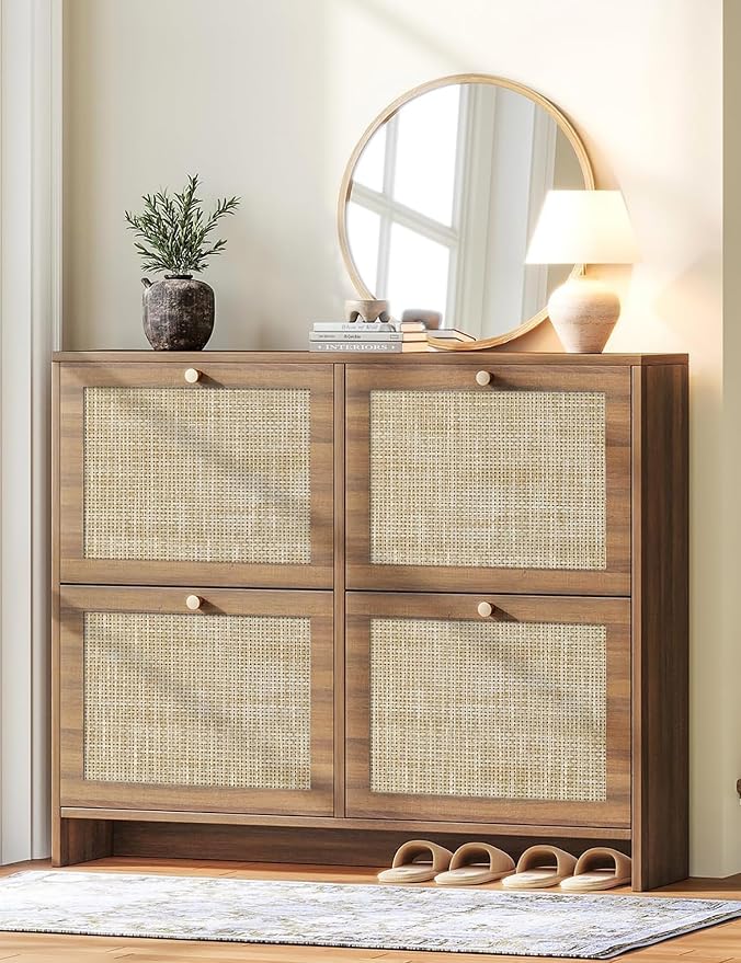 Nicetree Shoe Cabinet Storage for Entryway, 4-Flip Drawer Narrow Shoe Rack, Organic Modern Rattan Shoe Organizer, Shoe Organizer Fits Men's Size 13.5, Walnut