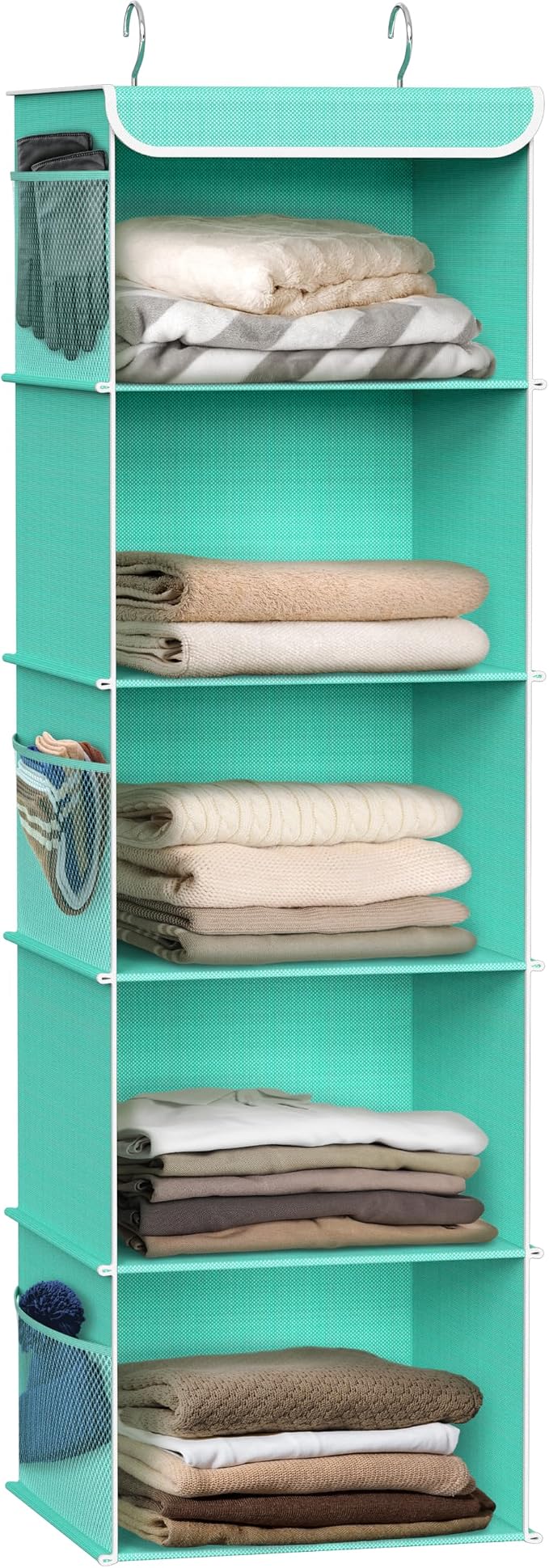Simple Houseware 5 Shelf Hanging Closet Organizer, Turquoise | 360° Rotating Dual Hooks, Top Support Metal Frame, 6 Side Mesh Pockets