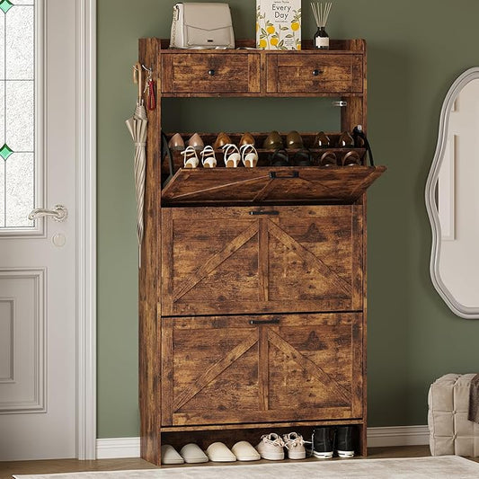 BORNOON Shoe Storage Cabinet for Entryway, Farmhouse Narrow Shoe Cabinet with 3 Flip Drawers & 2 Top Drawers, Adjustable Shelves & Hooks, Freestanding Hidden Rack Organizer for Hallway, Foyer