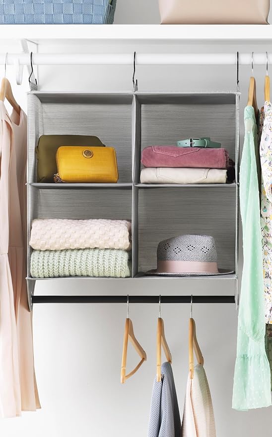 Whitmor Hanging Closet Organizer - 4 Section Closet Organizer with Garment Rod - Space-Dyed Grey