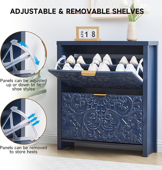 weselon Flip Drawer Shoe Cabinet Set of 2, Narrow Shoe Storage Cabinet, 2-Tier Hidden Shoe Organizer with Carved Floral for Entryway, Slim Shoes Storage for Hallway Foyer (2, Midnight Blue)