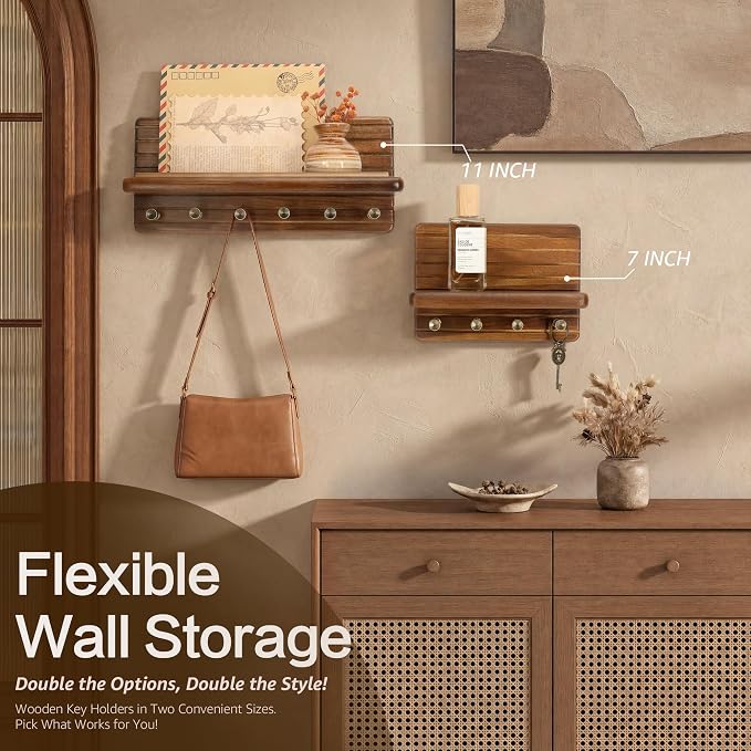 Rebee Vision Acacia Wood Key Holder Wall Mount with Shelf, Key Hooks, Brown | Small Key Holder, 4 Key Hooks, Floating Shelf, Mail Organizer, Compact Storage, Practical Daily Use, Apartment Essential