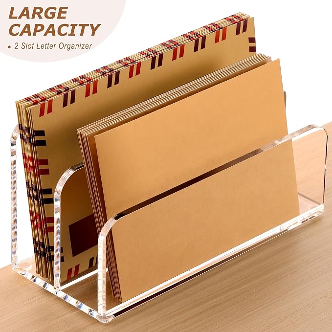 SANRUI Acrylic Mail Sorter Desktop Organizer Holder, 2 Compartments Clear | Small File Script Letter Office Document Storage for Desk Bill Filling Envelope Holder Office, Home, School Desk Organization