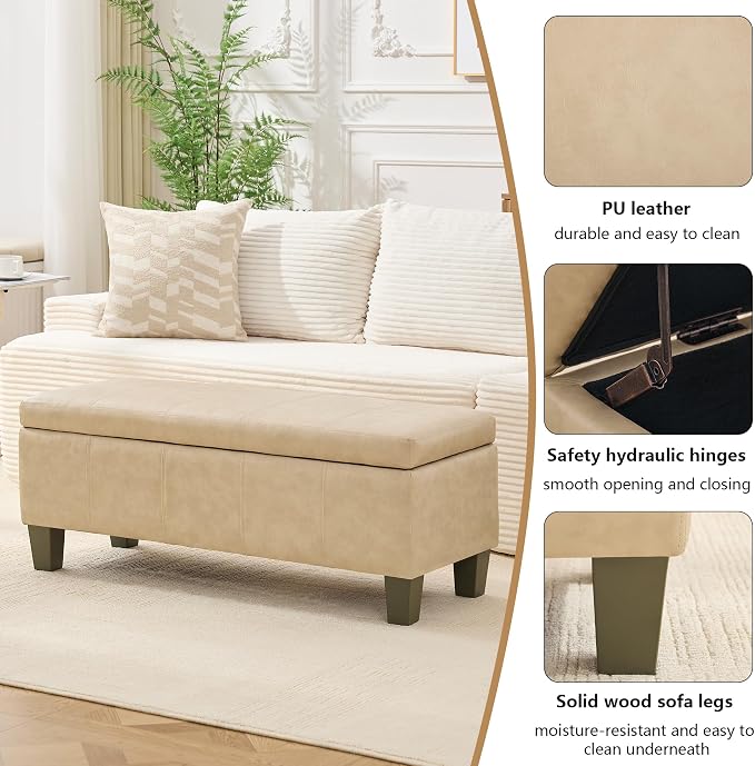 41" Storage Ottoman, Storage Bench with Safety Hinge, Upholstered Synthetic Leather Ottoman Bench for Bedroom, Living Room, Entryway, Hallway, Foot Rest, Support 500lbs